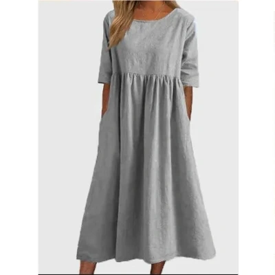 Women's Fashion Casual Cotton Linen Short Sleeve Pocket Dress