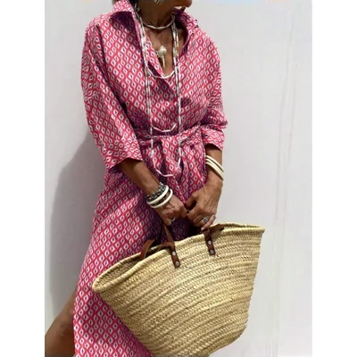 Striped Shirt Dress With Belt Fashion Half-sleeved Lapel Button Cardigan Dresses Women's Clothing