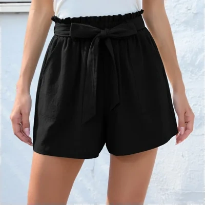 Fashion Ruffle Bow Waist Tie Shorts Summer Beach Pants With Pockets Womens Clothing