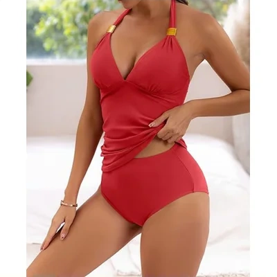 2pcs Solid Color Halter Neck Bikini Beach Fashion Sexy V Neck Swimsuit Summer Womens Clothing