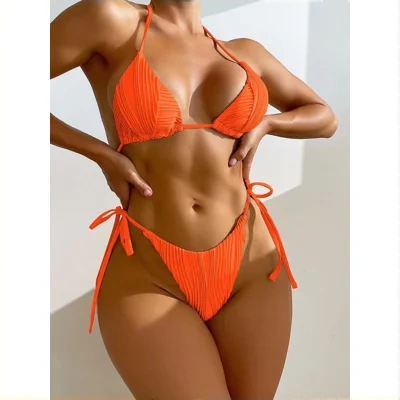 Stripe Solid Bikini Tie Ins Split Swimsuit