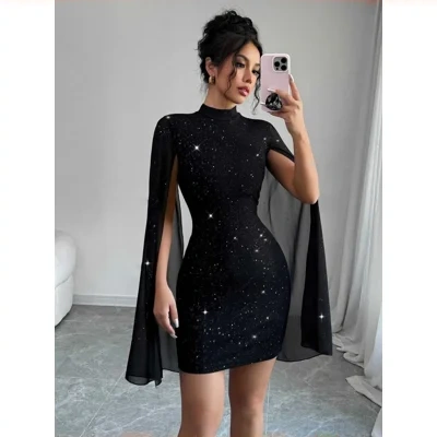 Women's Sexy Elegant Evening Party Dresses Round Neck Pit Stripe Pearl Chiffon Cape Sleeve Wrapped Hip Dress
