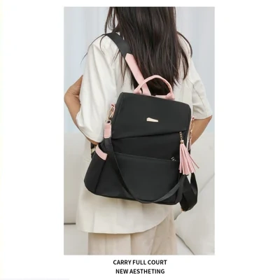 Oxford Cloth Stitching Women'S Backpack Anti-Theft Back Zipper Girls Schoolbag Casual Travel Double Shoulder Backpack