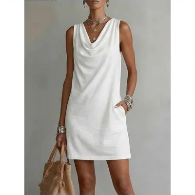 Summer Sleeveless Dress With Draped Neckline Design Slim Fit Evening Party Club Beach Dresses
