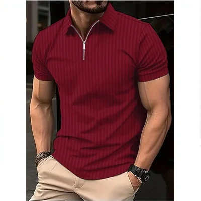 Men's T-shirt Striped Zipper Short Sleeve Solid Color