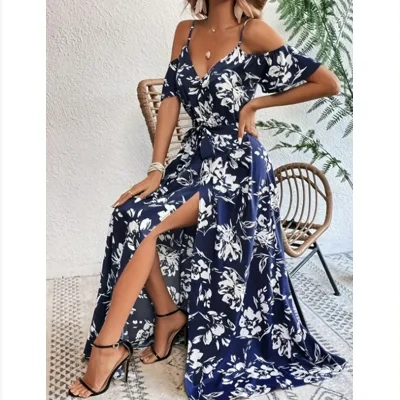 Flower Print Split Suspender Dress With Lace-up Design Summer Fashion Long Dresses Beach Clothing For Women