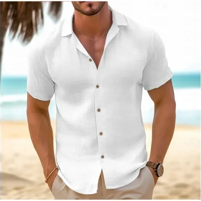 Men's Short-Sleeved Button-Down Shirt Summer Slim-Fit Lapel Shirts Casual Beachwear Clothing