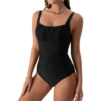 Sexy Square Neck One-piece Bikini Summer New Solid Color Pleated Design Swimsuit Beach Vacation Womens Clothing