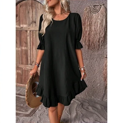 Fashion Ruffle Short-sleeved Dress Summer Solid Color Round Neck Loose Straight Dresses Womens Clothing