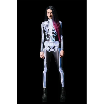 Halloween Long Sleeve Tights See-through Skeleton 3D Printed One-piece