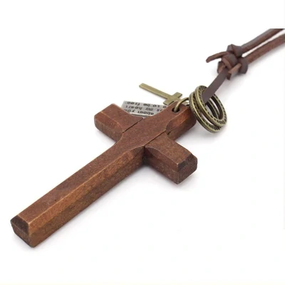 Natural Wood Cross Leather Cord Sweater Necklace