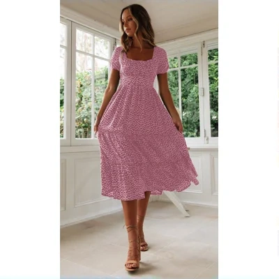 Square Collar Short Sleeve Dress Summer Puff Floral Printed Dress Long Dresses