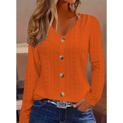 Long Sleeve Shirt Button Front V Neck Blouse Women's Clothing