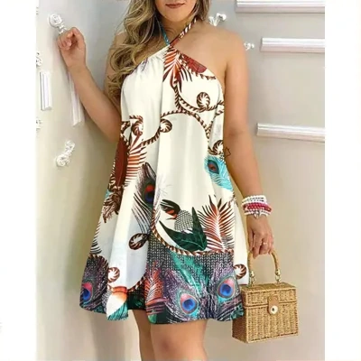 Printed Dress Summer Off-Shoulder Hanging Neck Sleeveless Sexy Dresses Women