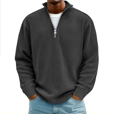Corduroy Zipper Stand Collar Sweatshirt Fashion Warm Solid Color Long Sleeve Top Men's Casual Polo Shirt Clothing