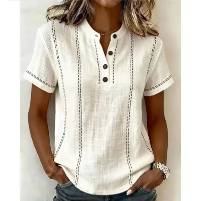 Summer Striped Short-Sleeve Shirts Casual Stand-Collar V-neck Button Blouse Womens Clothing