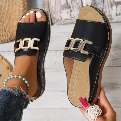 Ins Chain Wedges Sandals Summer Fashion Platform Peep-toed Slides Slippers Outdoor Thick Bottom Roman Shoes For Women