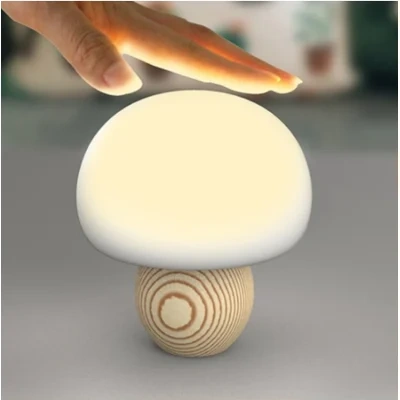 Silicone LED Night Lamp Brightness Adjustable Mushroom Pat Switch Wooden Base Timing LED Night Light For Children's Gift