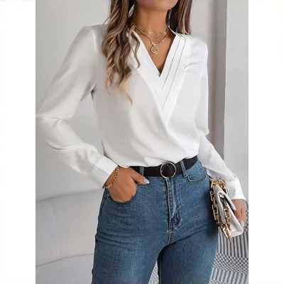 Fashion V-Neck Long Sleeve Shirt Elegant Commuter Solid Blouse Office Women's Clothing