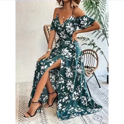 Ins Off-Shoulder Split Dress Summer Floral Print Suspender Long Dresses With Belt Design Women's Beach Clothing