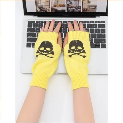Candy Color Fluorescent Knit Short Solid Color Skull Halloween Gloves Arm Warmer For Party Daily