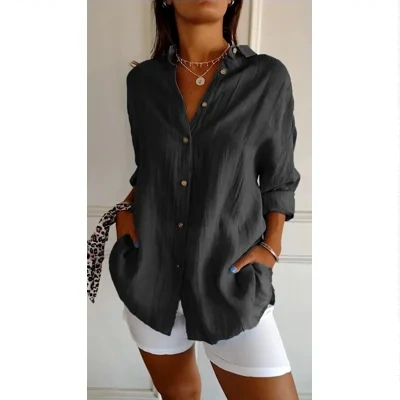 Lapel Long Sleeve Shirt Women's Single-breasted Pleated Shirt Tops Clothing