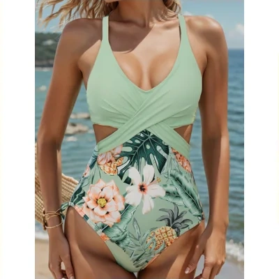 Printed Hollow Out Tied One-piece Bikini