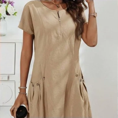 Short-sleeved Dress With Pockots And Zipper Women's Summer Clothing