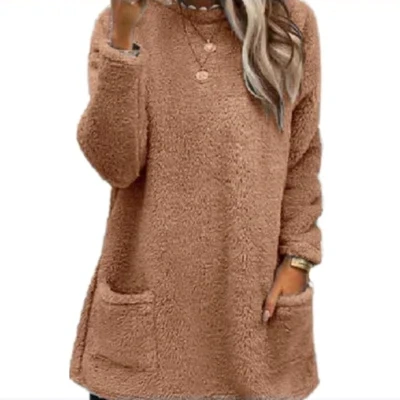 Women's Fleece Pullover Long Sweater With Pockets Winter Warm Thinken Sweatershirt Casual Long Sleeve Plush Tops Hoodie Coat Streetwear Fall Loose
