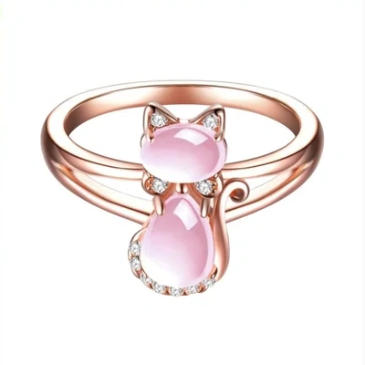 Rose Gold Plated Crystal Cute Animal Cat Ring Hibiscus Stone Crystal Diamond Ring Women Party Jewelry For Pet Lovers