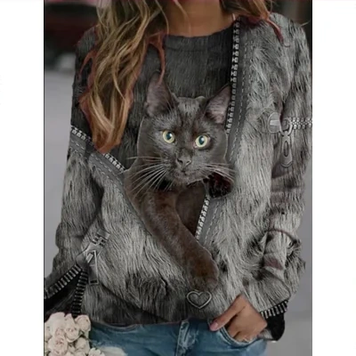 Zip Up Cartoon Cat Print Casual O-Neck Long Sleeve T-Shirt