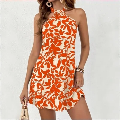 Fashion Leaf Print Halterneck Dress Summer Sexy Backless Short Dresses For Beach Vacation Womens Clothing