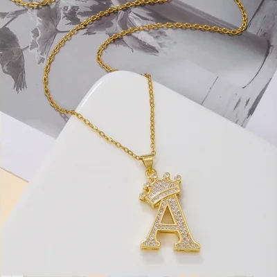 1PCS Fashionable Gold Diamond Crown Uppercase Letter Popular Pendant Necklace Suitable For Daily Use Festivals Parties Gifts Jewelry Set