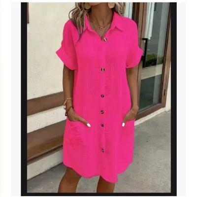 Summer Simplicity V-neck Buttons Cotton Linen Women's Shirt Dress
