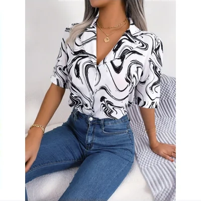 Fashion Tie Dye Printed Short Sleeve Shirt Summer Casual Lapel Shirt Tops For Womens Clothing