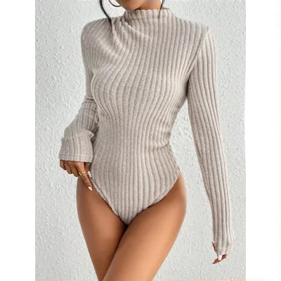 Women's Ribbed Mock Neck Knit Jumpsuit Long Sleeve Slim Casual Jumpsuit, High Neck Ribbed Knit Long Sleeve Women's Bodysuit For Spring And Autumn