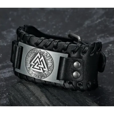 Nordic Viking Totem Triangle Energy Men's Leather Bracelet