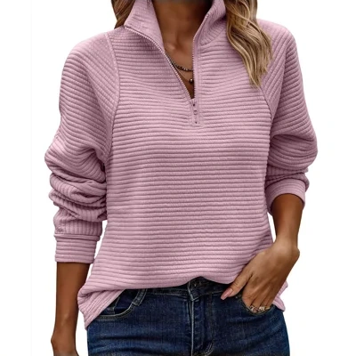 Zipper Stand Collar Pullover Sweatshirt Fashion Solid Striped Long Sleeve Top Spring And Autumn Women's Clothing