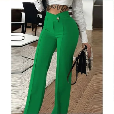 Slim Straight-leg Pants With Buckle Fashion Solid Color Trousers For Womens Clothing