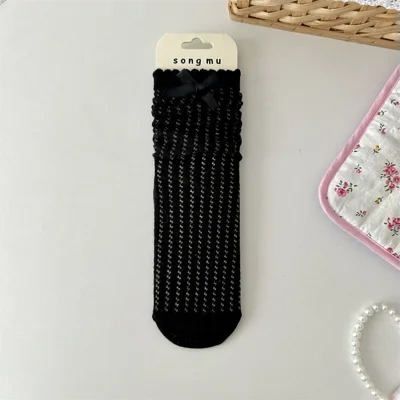 Thin Mesh Hollow Out Bow Mid-calf Length Loose Socks Breathable Sweat Absorbing