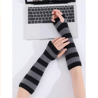 Y2K Lolita Women Girls Solid Color Striped Warm Knit Fingerless Gloves Arm Warmer For Daily Party