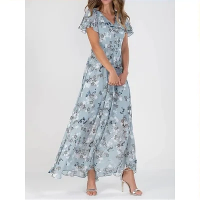 Flowers Print Short Sleeve Dress Summer Fashion Ruffle Beach Dresses Women's Clothing