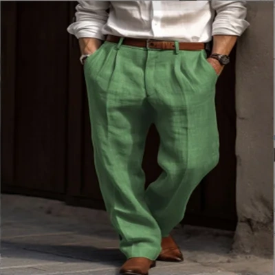 Men's Linen Trousers Double Pleated Front Pocket Straight Pure Color Comfort Breathable Casual