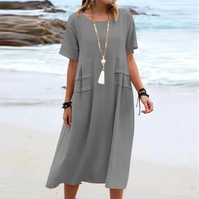 Women's Summer Loose Casual Midi Dress Breathable Cotton Linen Short-sleeve Mid-length Dresses Women Simple Beach Dress