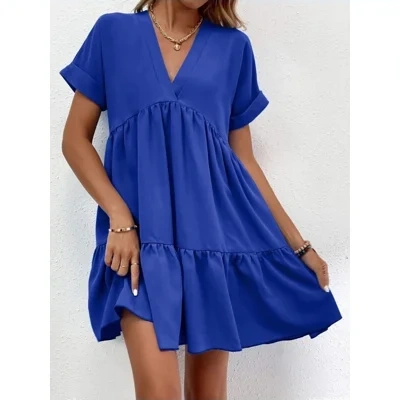 New Short-sleeved V-neck Dress Summer Casual Sweet Ruffled Dresses Solid Color Holiday Beach Dress For Womens Clothing