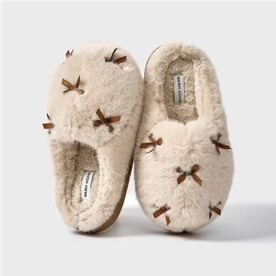 Women's Cute Plush Home Slippers Butterfly Knot Cotton Slippers Comfortable Thick Bottom Outdoor Slippers Winter Indoor Soft Warm Slippers