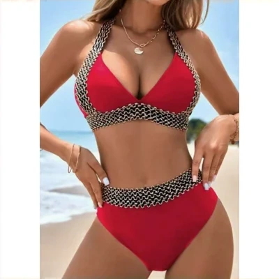 Elastic Band Plain Bikini High Waist Split Swimsuit