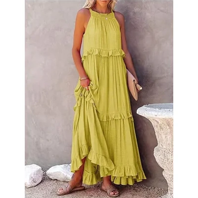 Summer Vacation Style Halter Neck Long Dresses Women Fashion Backless Leace-up Loose Ruffles Beach Dress Elegant Ladies Vestidos