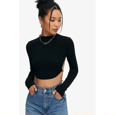 Crop Top Solid Tie Backless Curved Hem