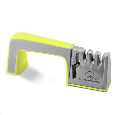A Four-in-one Family Uses A Sharpener To Sharpen A Kitchen Knife